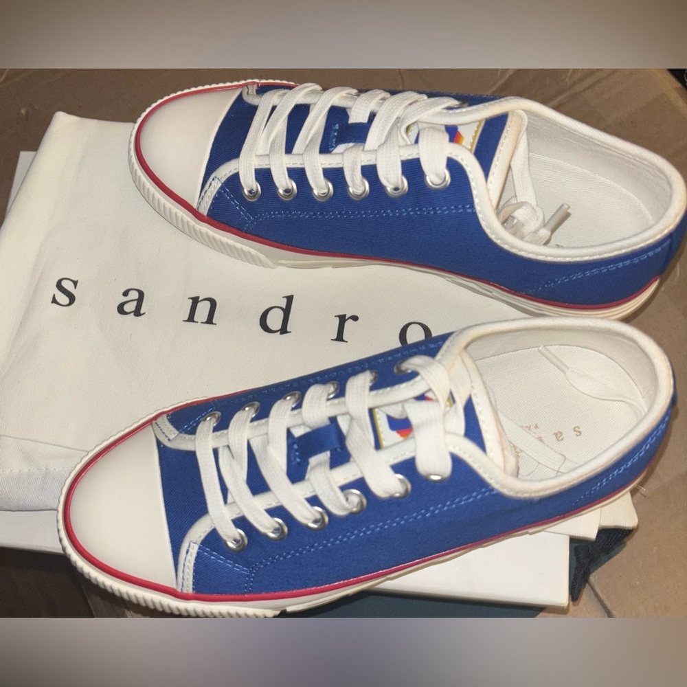 NIB Sandro Paris Women’s Blue White Low Top Canvas Sneakers with Flame Sole 6.5
